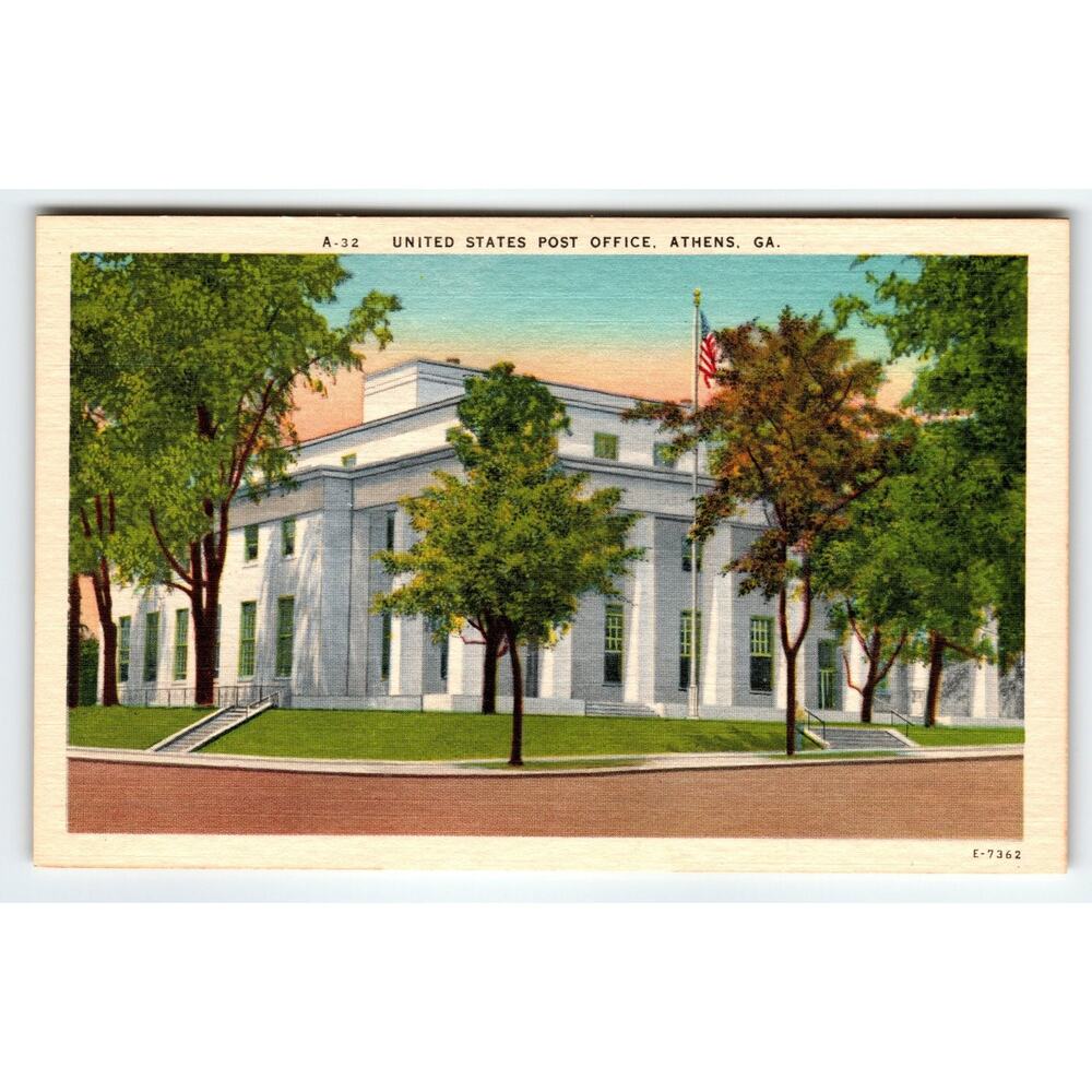 Vintage Linen Postcard United States Post Office Athens GA Georgia Marble